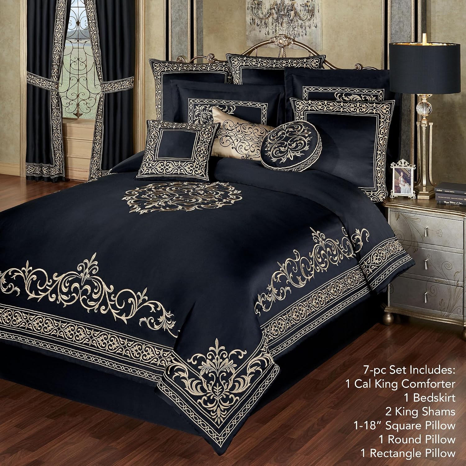 Touch of Class Kensington Luxury Bedding | Onyx Black | Palace-Inspired Golden Scrollwork Embroidery on Sateen 7 Piece Set Includes King Comforter, Bedskirt, 2 King Shams, and 3 Decorative Pillows
