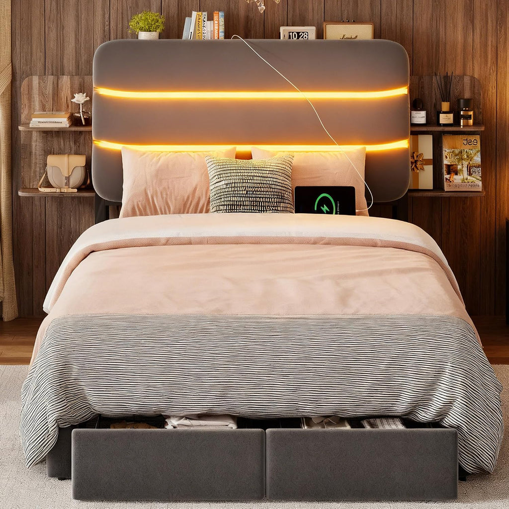 Ailisite Twin Size Bed Frame with Drawer and Ergonomic Storage Headboard,Slide Out Headboard Storage,Twin Bed with Charging Station & LED Lights,Wood Slats Support, No Box Spring Needed,Grey