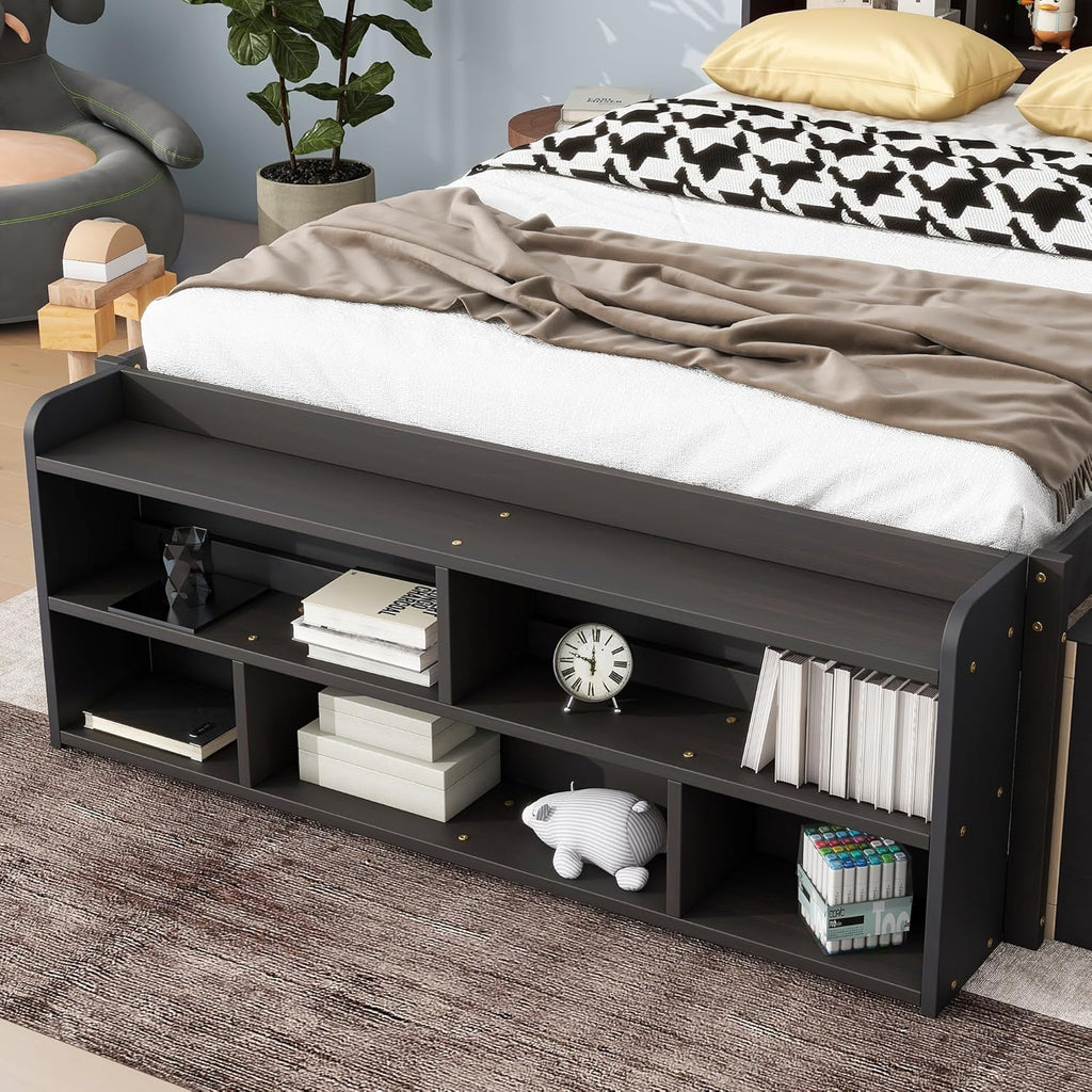 Modern Full Size Platform Bed with Bookcase Storage Headboard, Wood Captain Platform Bed Frame with 6 Drawers and Bed End Storage Case, Sturdy Slat Support, Maximize Space (Espresso-I4)