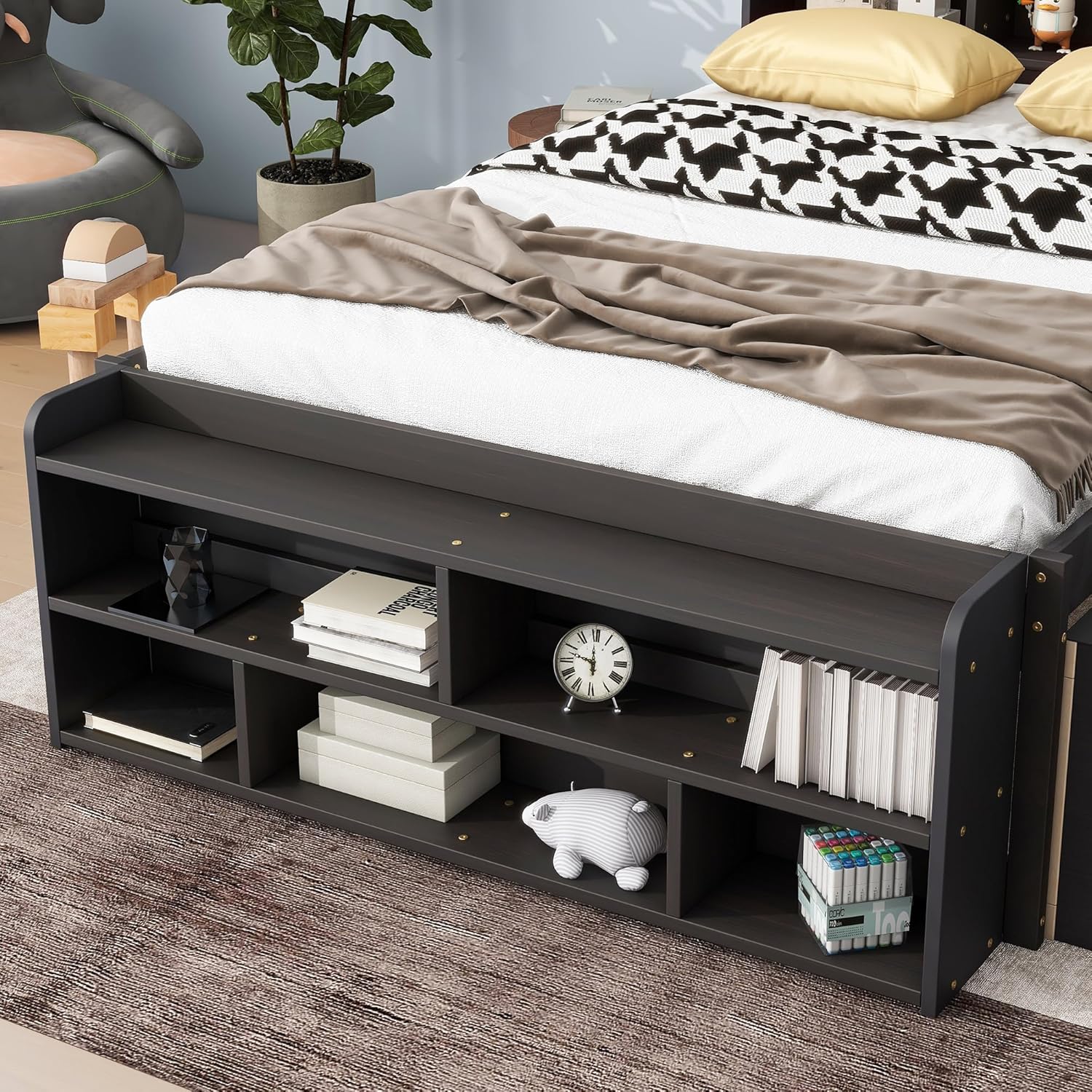 Modern Full Size Platform Bed with Bookcase Storage Headboard, Wood Captain Platform Bed Frame with 6 Drawers and Bed End Storage Case, Sturdy Slat Support, Maximize Space (Espresso-I4)
