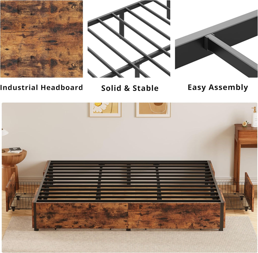 LIKIMIO King Bed Frame with Storage, 4 Drawers and Heavy Strong Metal Support Frames, Solid Stable, No Box Spring Needed, Noise-Free, Easy Assembly, Industrial Brown