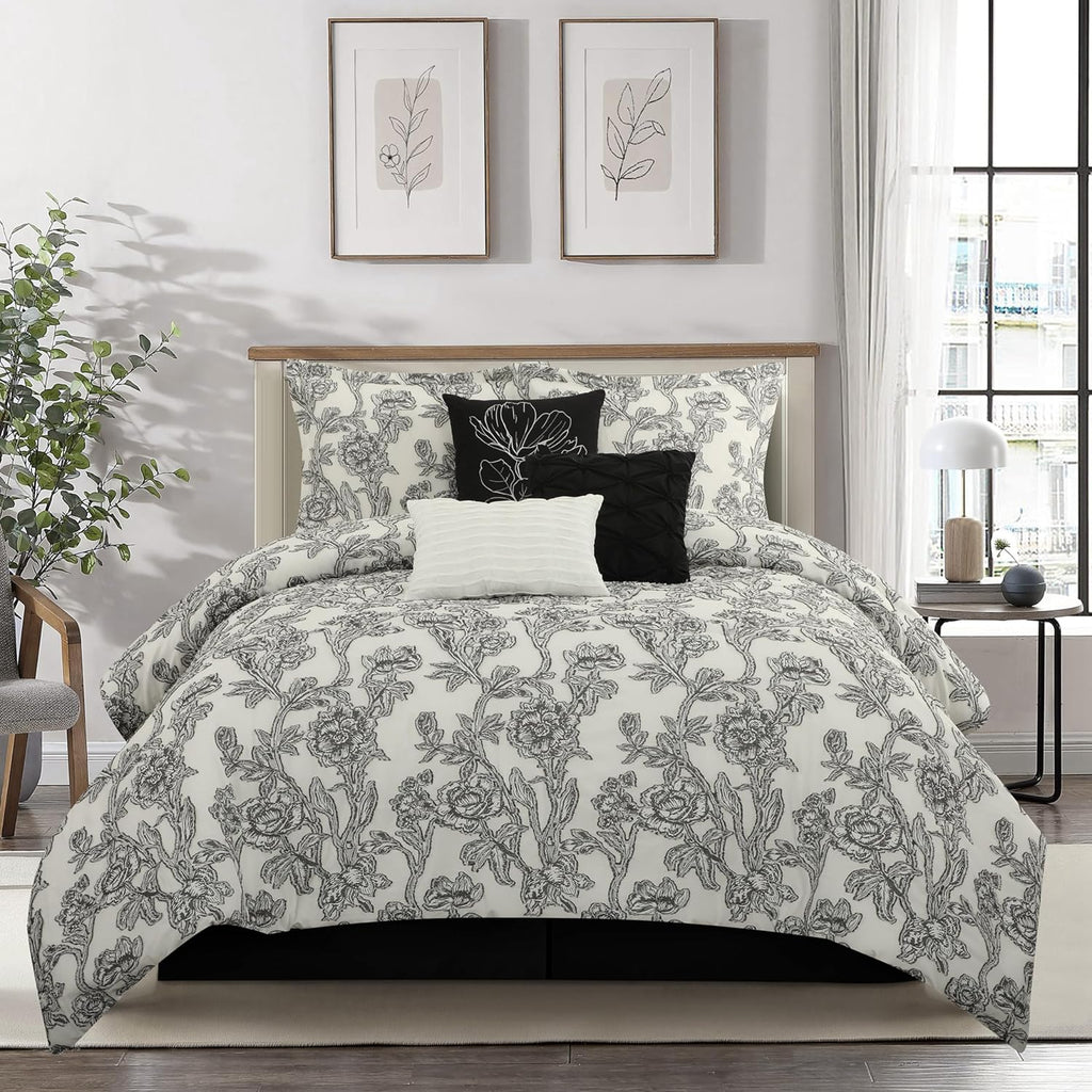 Grand Avenue Black and White Comforter Set Queen Size, 7 Piece Clip Jacquard Floral Bedding Set, All Season Comforters, Bedskirt, Pillows & Shams