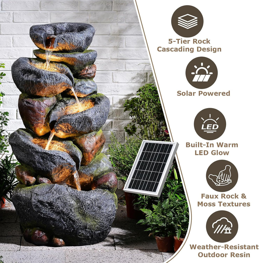 5-Tier Rock Solar Water Fountain Outdoor Garden, 36.2''Tall Cascading Natural Solar Powered Fountain Outdoor with LED Lights, Water Feature for Garden, Patio, Deck, Backyard Decor