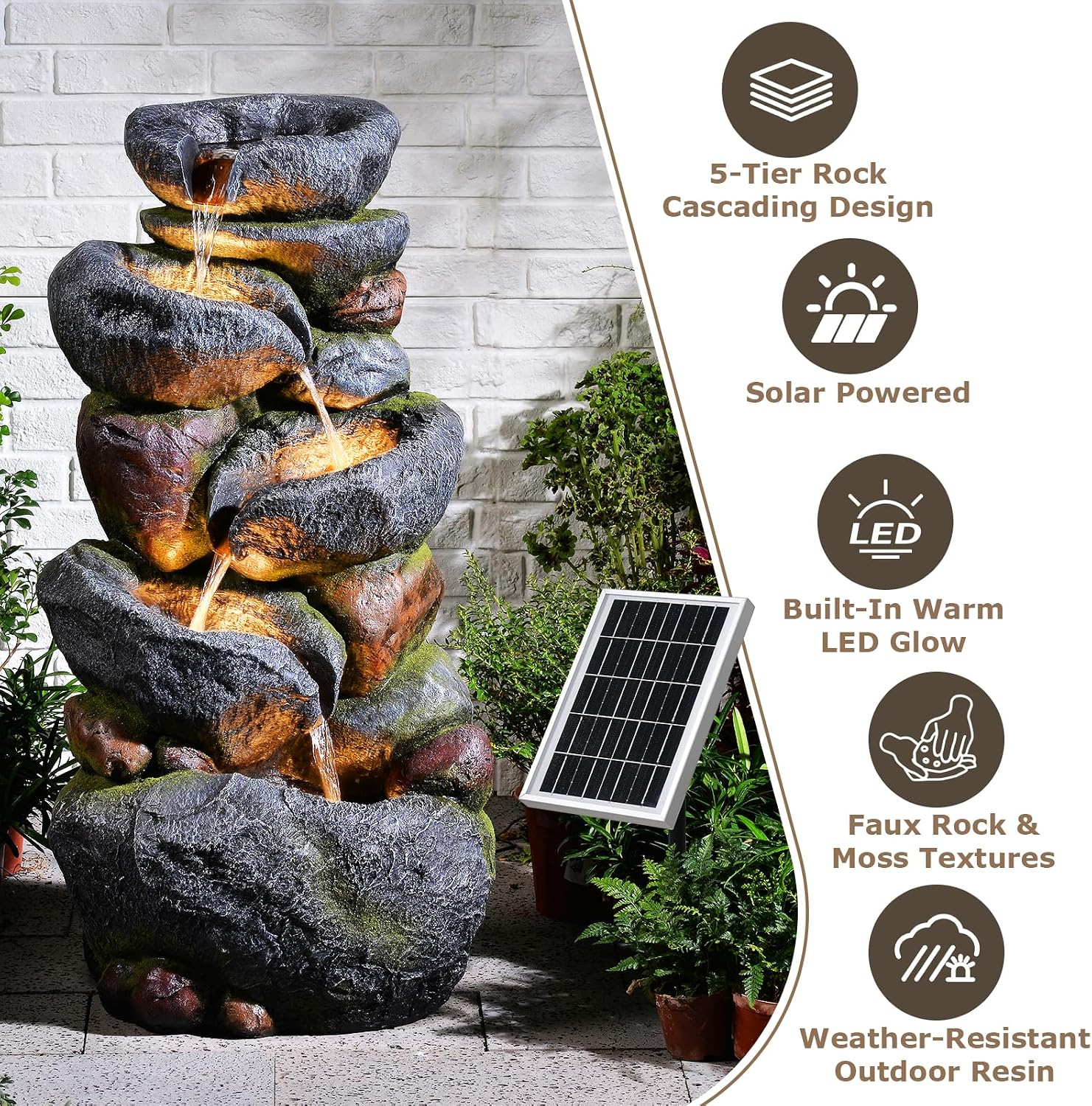 5-Tier Rock Solar Water Fountain Outdoor Garden, 36.2''Tall Cascading Natural Solar Powered Fountain Outdoor with LED Lights, Water Feature for Garden, Patio, Deck, Backyard Decor