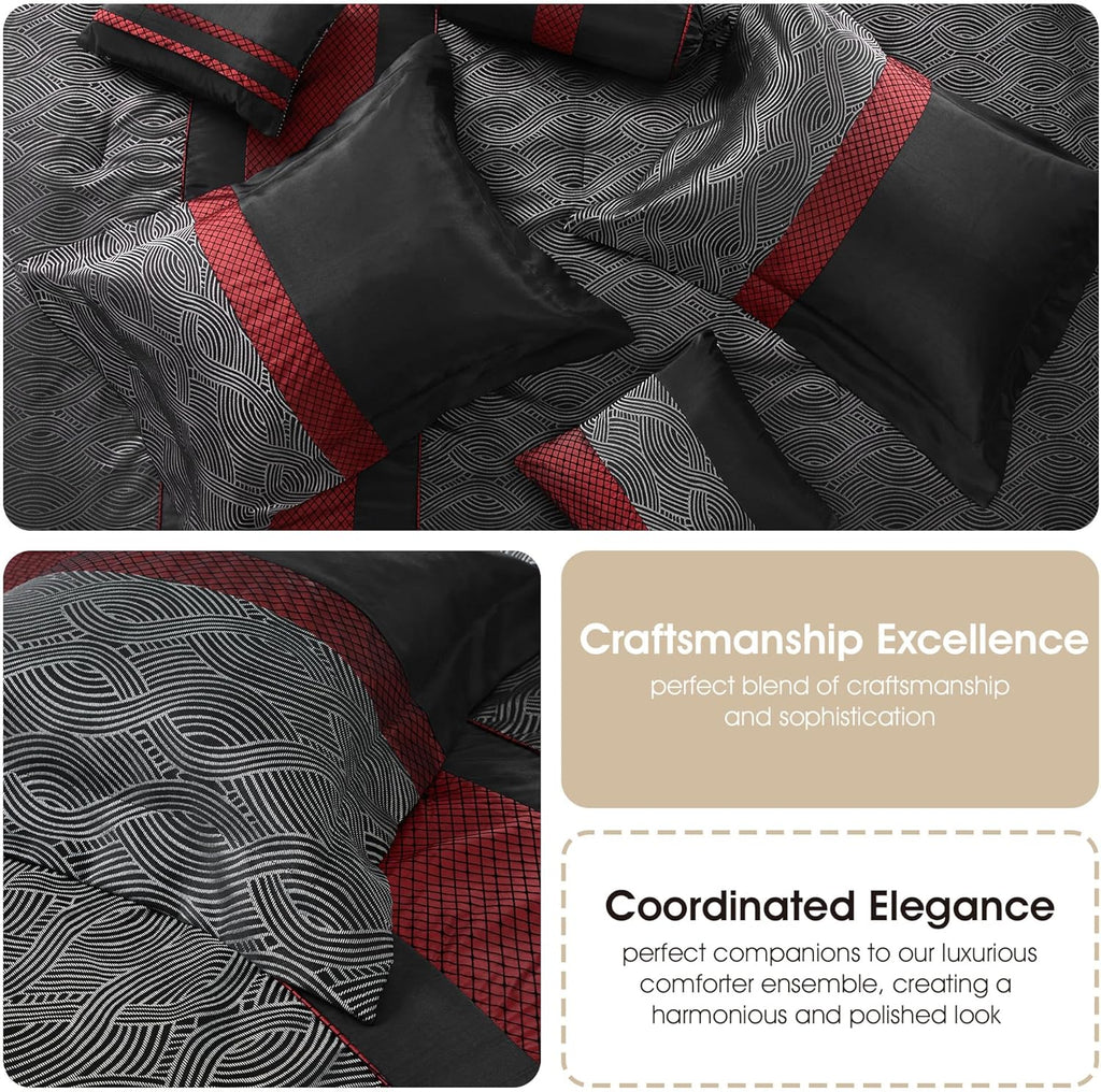 Grand Avenue Red and Black Comforter Set Full, Jacquard & Flocking Technique, Modern Design All Season Striped Bedding Sets, 7 Pieces Home Décor