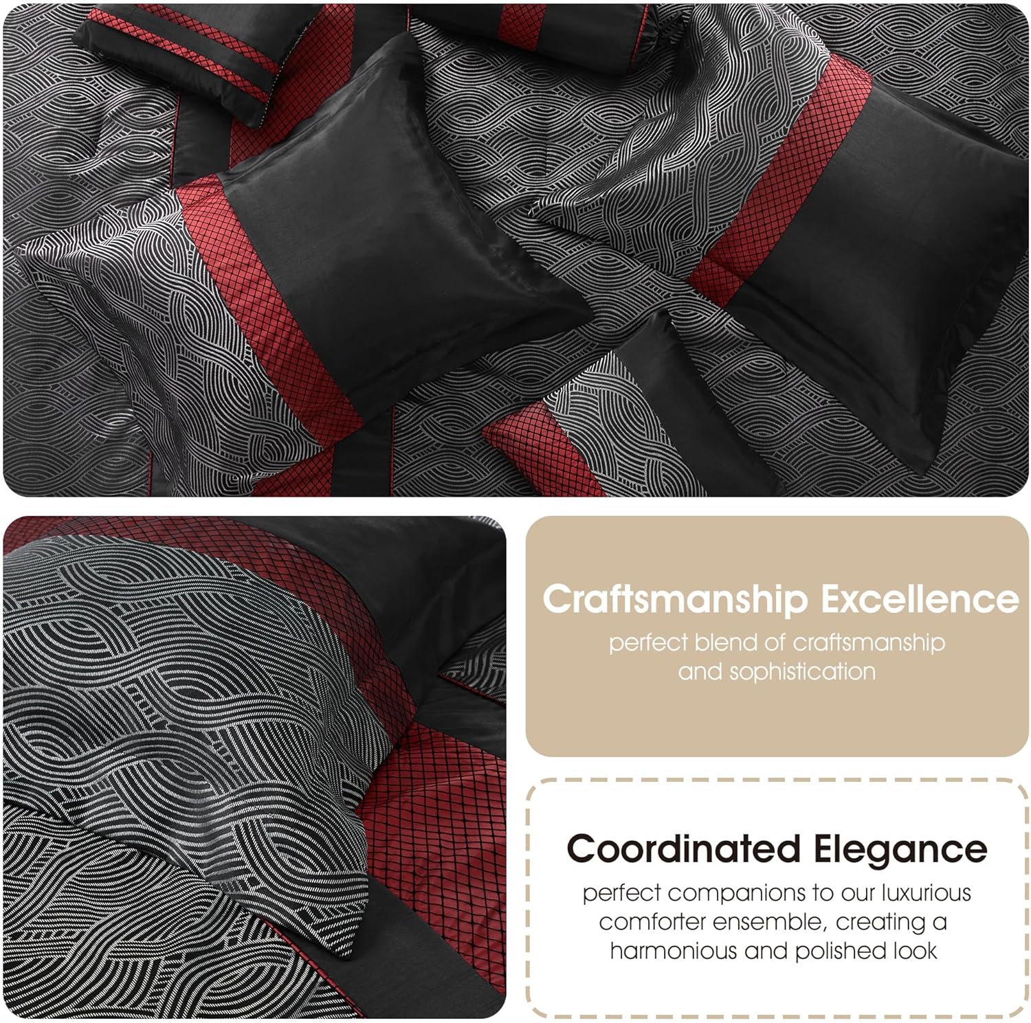 Grand Avenue Red and Black Comforter Set Full, Jacquard & Flocking Technique, Modern Design All Season Striped Bedding Sets, 7 Pieces Home Décor