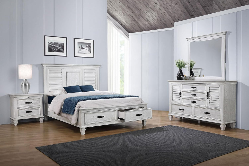 Coaster Home Furnishings Franco Farmhouse 4-Piece Bedroom Set Queen Size Storage Panel Bed Frame 57-inch Headboard Distressed White 205330Q-S4