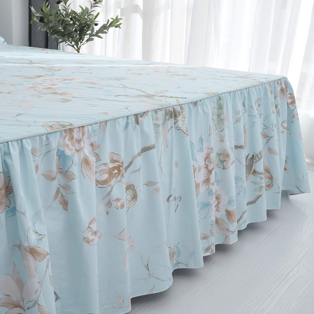 FADFAY Farmhouse Floral Bedding Shabby Blue Bird Print French Countryside Chic Bedding Set Luxury Bedskirt Collections 800 Thread Count 100% Egyptian Cotton, 4 Piece-King Size