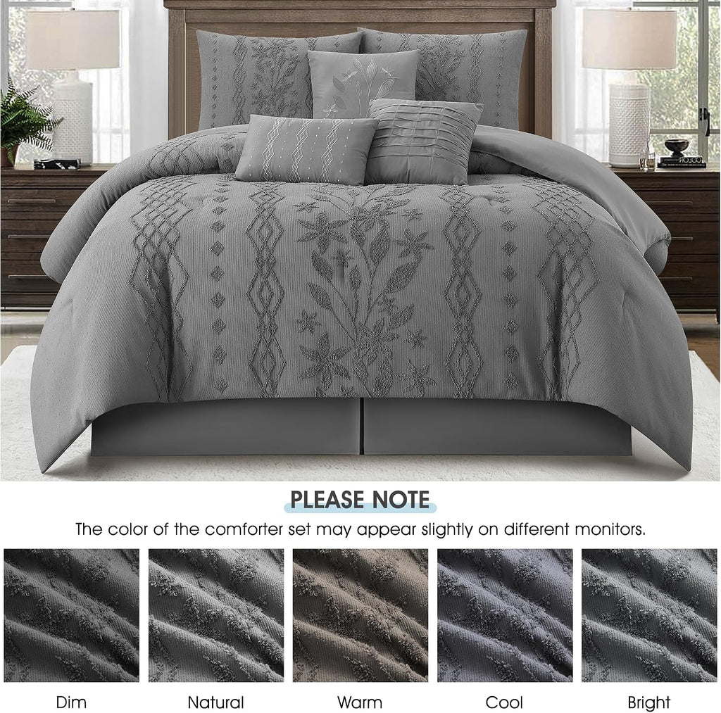 LANCO MODERN LIFESTYLE Grey Comforter Set, Queen Size, 7 Pieces Jacquard Boho Bedding Set for All Seasons, Ultra Soft and Fluffy, Matching Pilllow Shams, Bedskirt and Decor Pillows