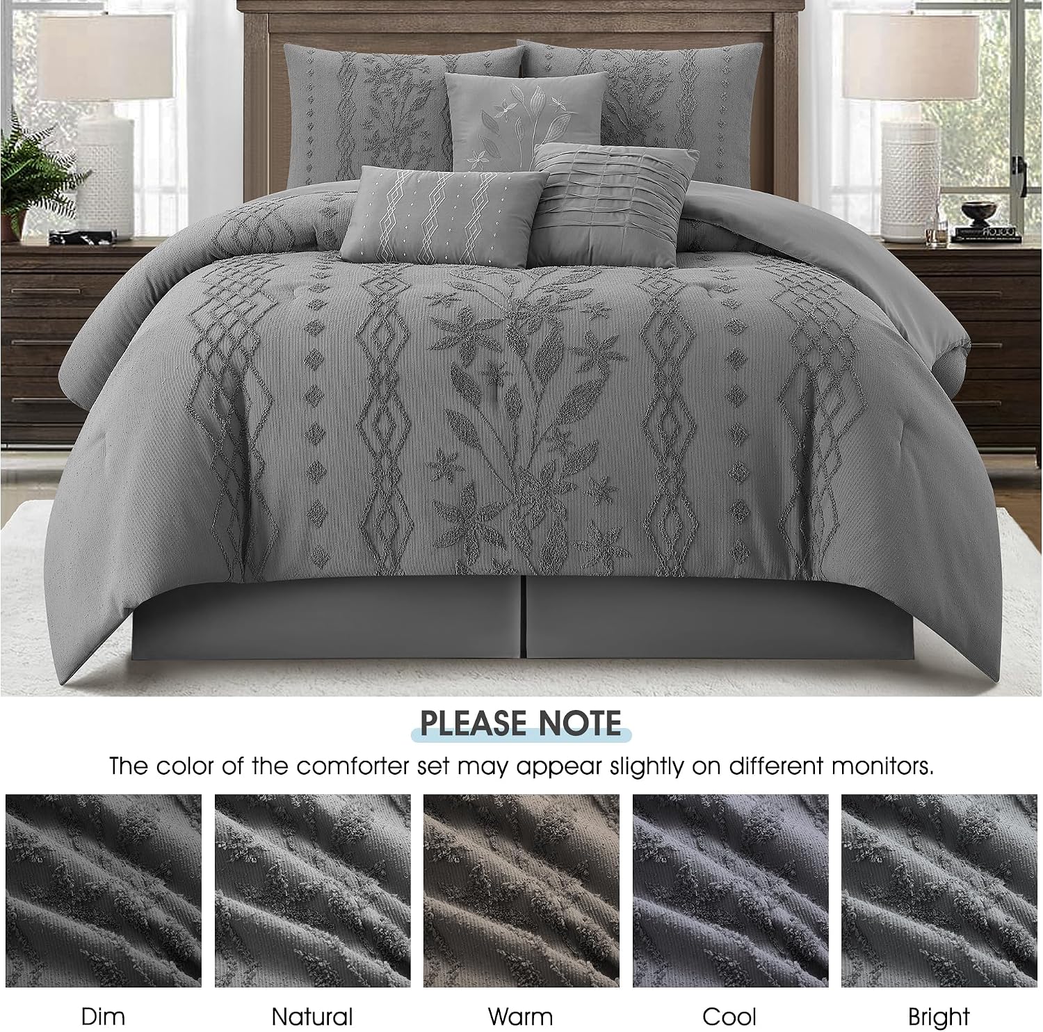 LANCO MODERN LIFESTYLE Grey Comforter Set, Queen Size, 7 Pieces Jacquard Boho Bedding Set for All Seasons, Ultra Soft and Fluffy, Matching Pilllow Shams, Bedskirt and Decor Pillows