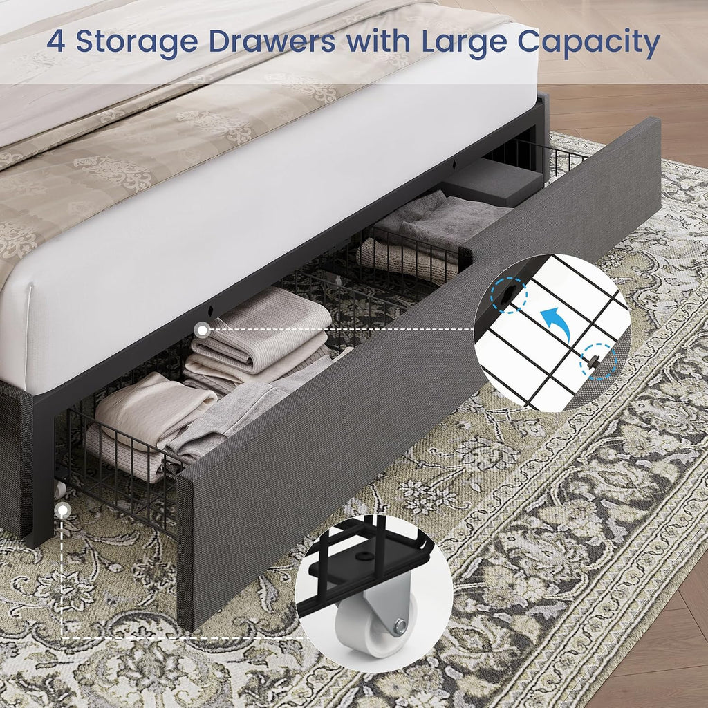 BRELTAM Queen Size Bed Frame with 4 Storage Drawers Linen Upholstered Platform Bed with Wingback Headboard, No Box Spring Needed, Easy Assembly, Light Grey