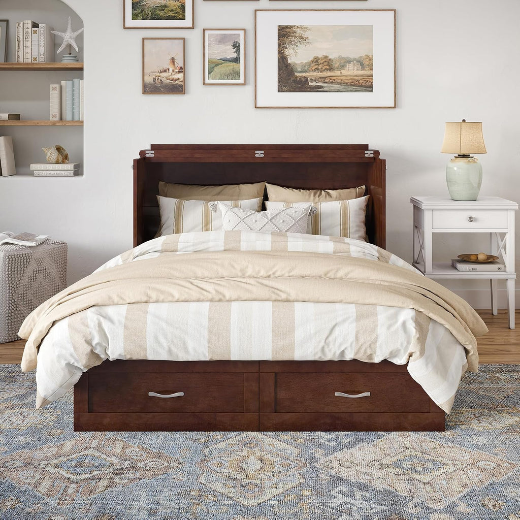 AFI Hamilton Full Murphy Bed Chest with Mattress, Storage, and Built-in Charger in Walnut