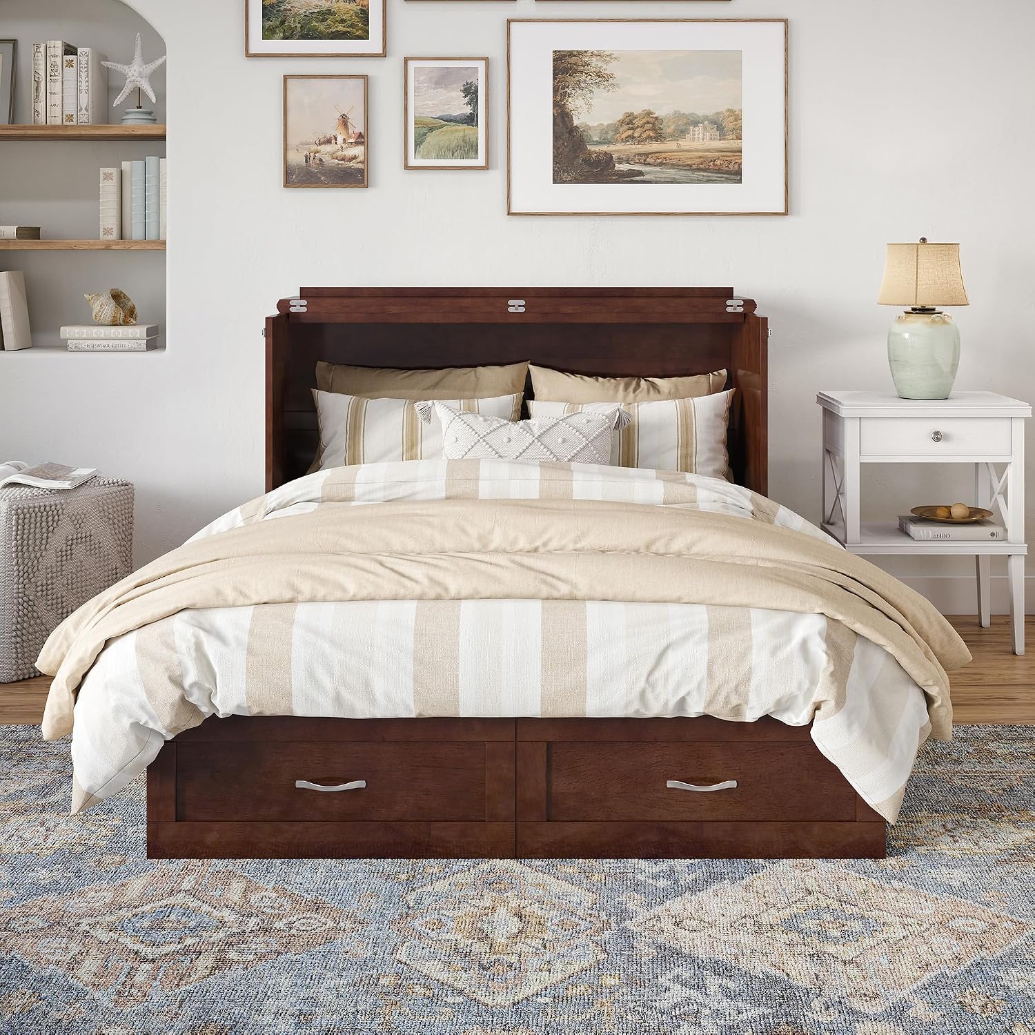 AFI Hamilton Full Murphy Bed Chest with Mattress, Storage, and Built-in Charger in Walnut
