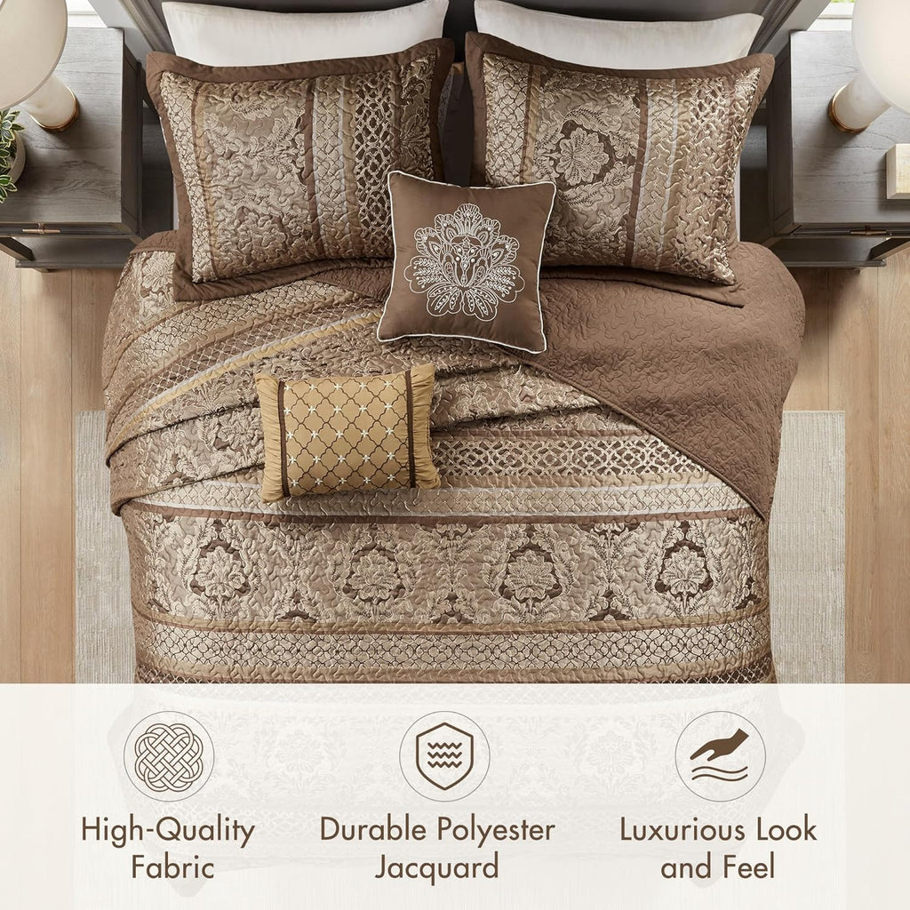 Madison Park Bellagio Reversible Quilted Bedspread Set, Solid Reverse Summer Breathable, Lightweight All Season Bedding Layer, Matching Shams, Bedspread King(120'x118'), Brown 5 Piece
