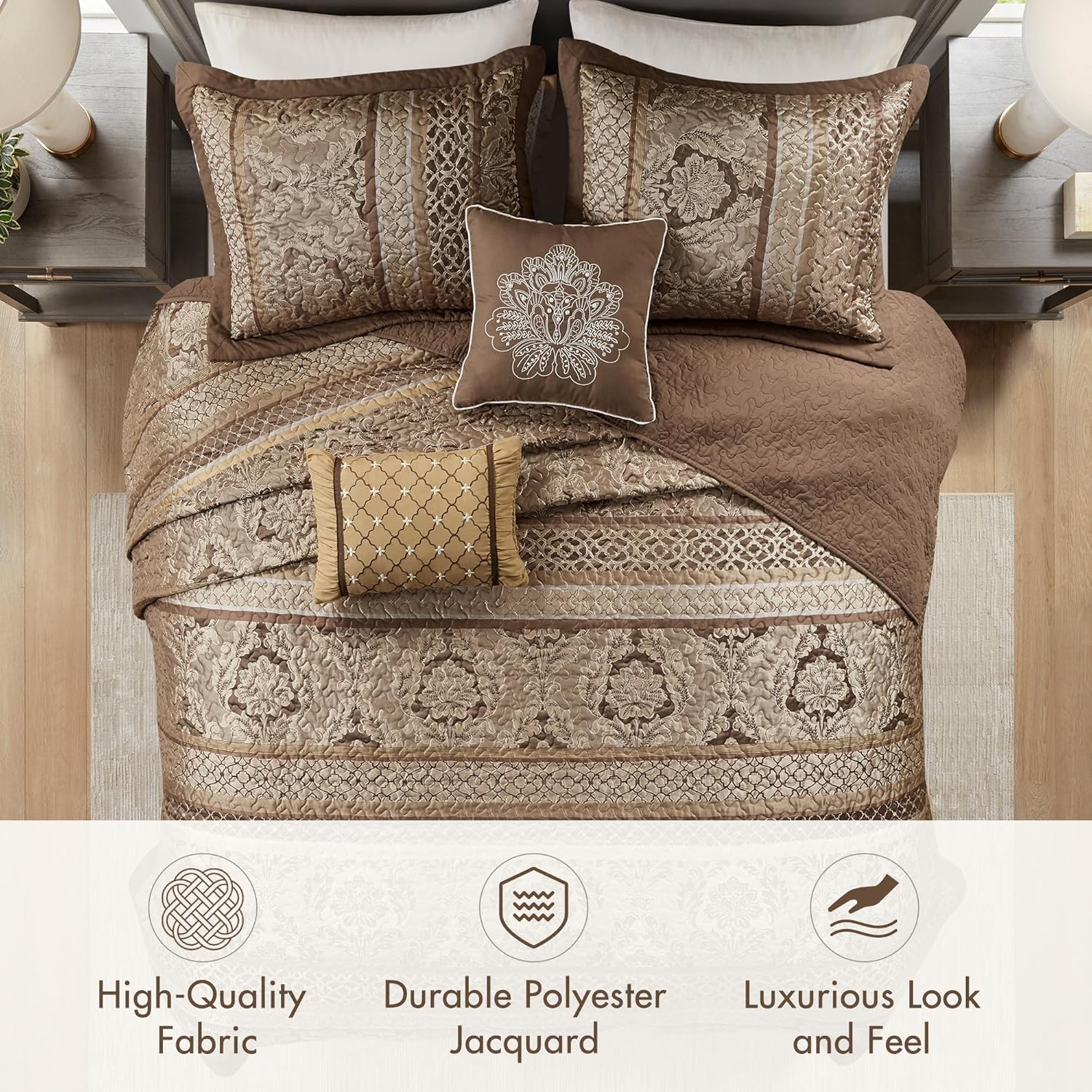 Madison Park Bellagio Reversible Quilted Bedspread Set, Solid Reverse Summer Breathable, Lightweight All Season Bedding Layer, Matching Shams, Bedspread King(120'x118'), Brown 5 Piece