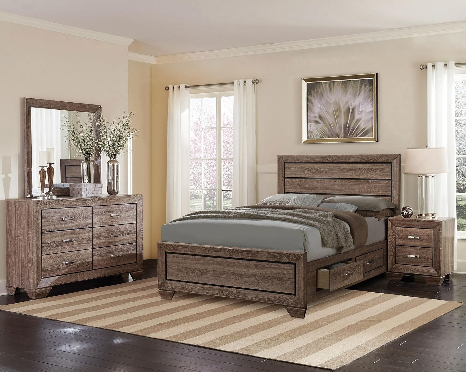 Coaster Home Furnishings Kauffman Transitional 4-Piece Bedroom Set Queen Size Storage Panel Bed Frame 54-inch Headboard Washed Taupe 204190Q-S4