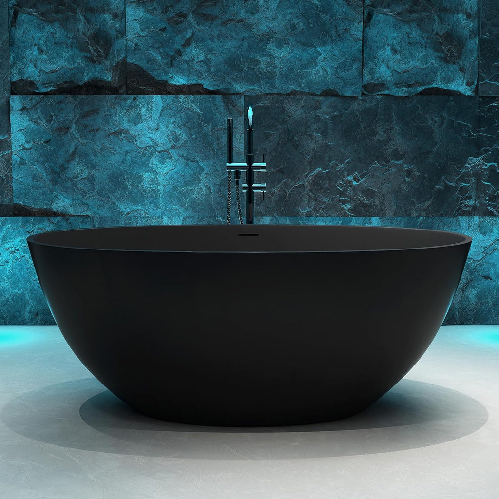 55'' Resin Stone Freestanding Bathtub, Matte Black Soaking Tub Solid Surface Modern Tubs with Overflow and Pop-up Drain in