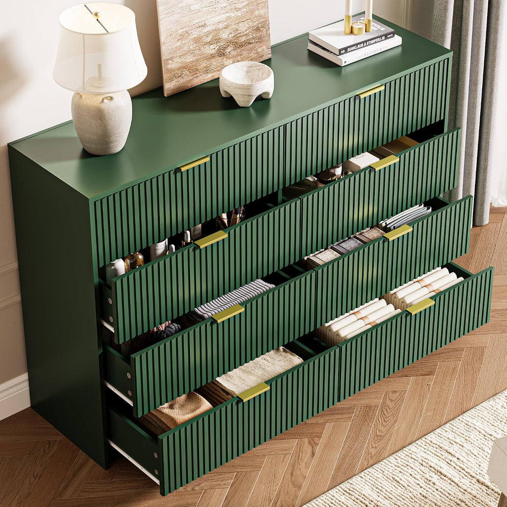 MAISONARIA 3-Piece Dresser Bedroom Set, 8 Drawer Dresser & 3 Drawer Nightstands with Gold Handles, Fluted Wood Chest of Drawers for Bedroom, Living Room, Entryway, Green