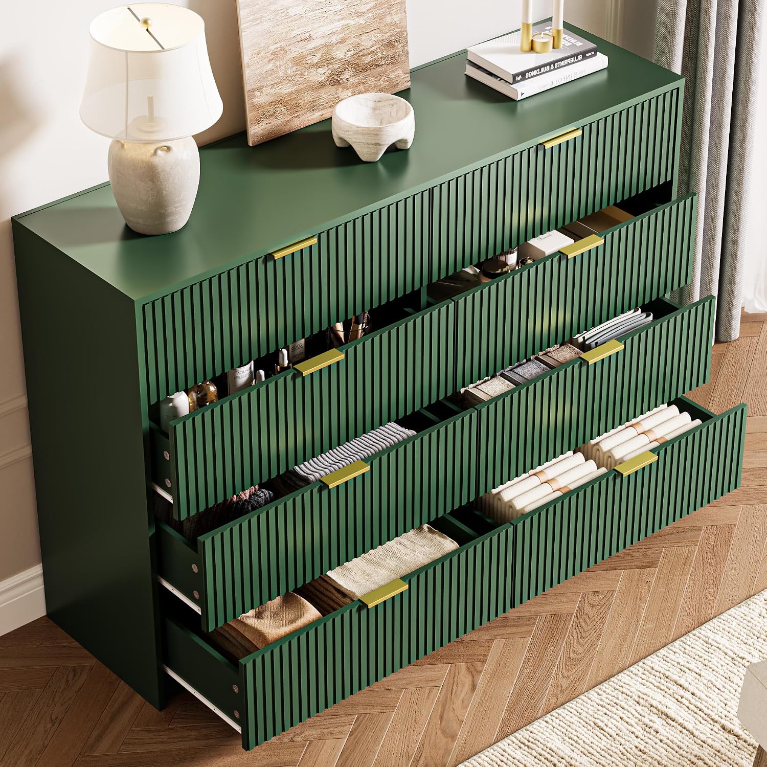 MAISONARIA 3-Piece Dresser Bedroom Set, 8 Drawer Dresser & 3 Drawer Nightstands with Gold Handles, Fluted Wood Chest of Drawers for Bedroom, Living Room, Entryway, Green