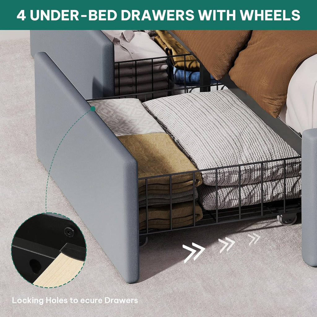YITAHOME Queen Size Bed Frame with 4 Storage Drawers and RGB LED Lights, 57'' Tall Headboard Velvet Upholstered Bed with Charging Station, No Box Spring Needed, Easy Assembly, Noise-Free, Grey