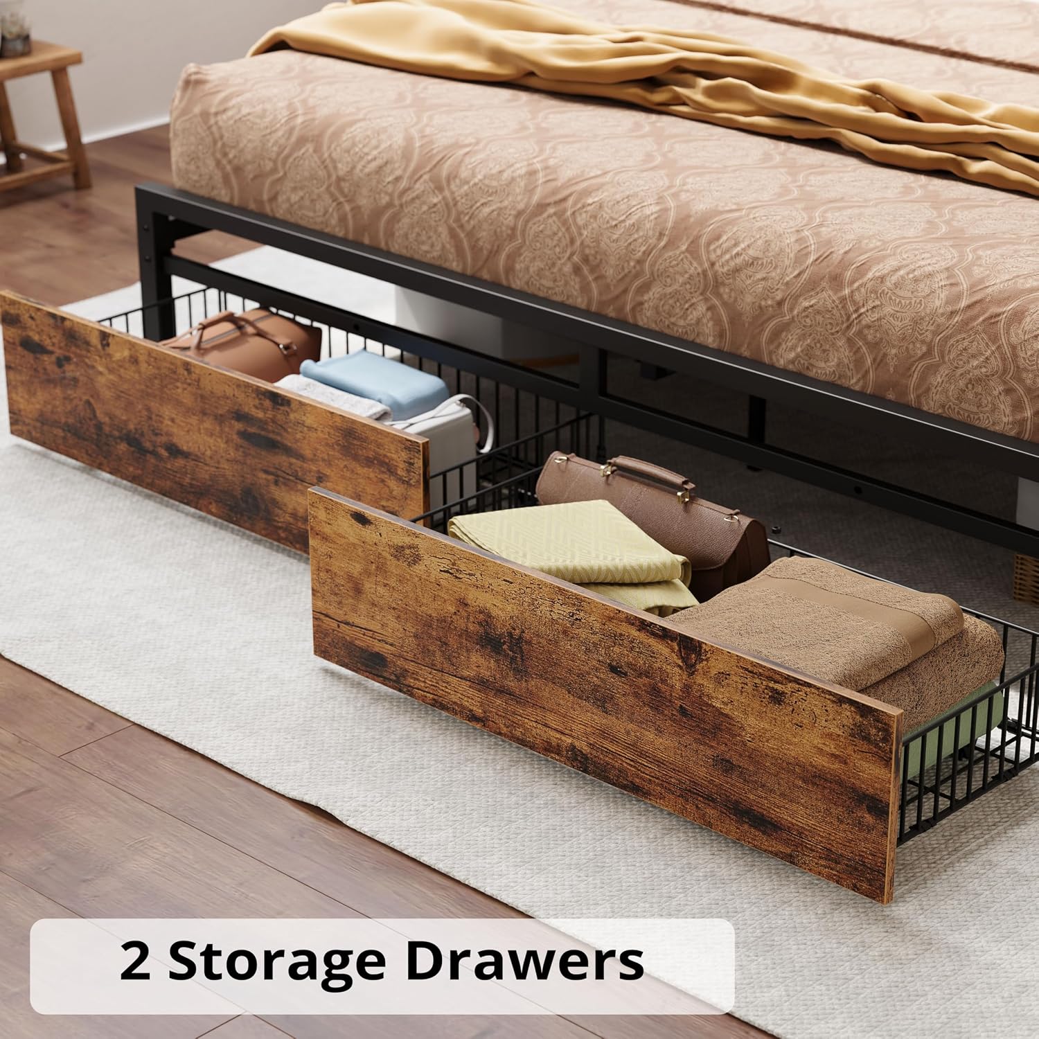 LIKIMIO California King Bed Frame with Storage Headboard, Platform Bed with Drawers and Charging Station, No Box Spring Needed, Easy Assembly, Vintage Brown