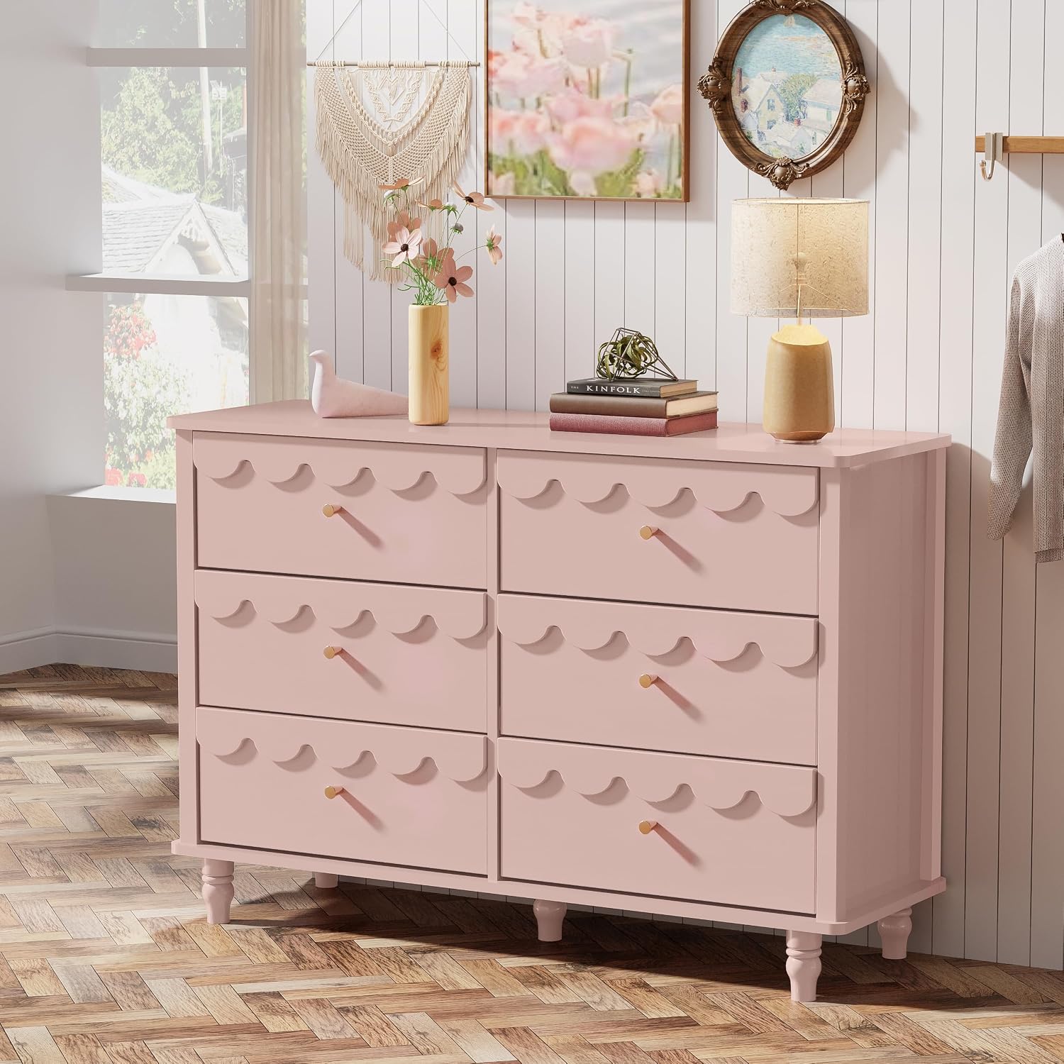 Anbuy Bedroom Sets Scalloped 6 Drawer Dresser and Night Stand Sets for Bedroom, Two Drawers Nightstand Set of 2 & 6 Drawer Dresser Combo 3 Pieces (Pink)