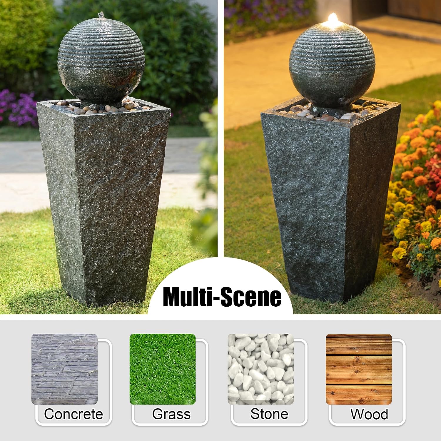 Glitzhome Outdoor Water Fountain with LED Light, Decorative Sphere Pedestal Outdoor Fountain with Submersible Pump, Vintage Waterfall Fountains for Garden Patio Deck Porch, 31.69'H