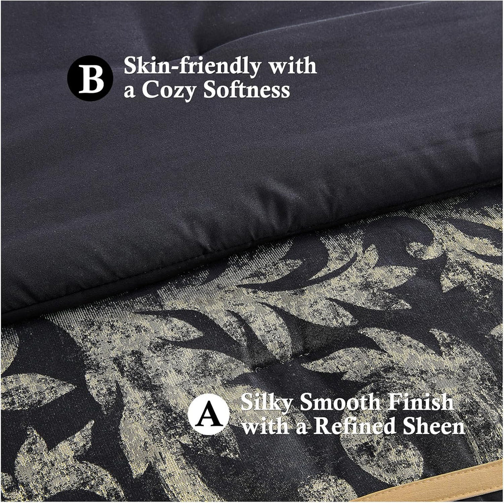 Finlonte 7-Pieces Black Gold Comforter Set Queen Size, Luxury Jacquard Floral Bed in a Bag, Vintage Geometric Patchwork All Season Down Alternative Bedding Set with Matching Pillows, Shams, Bed Skirt