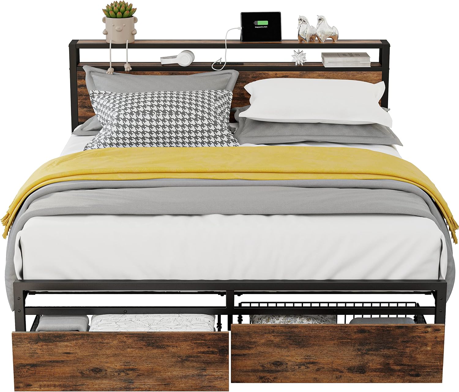 LIKIMIO Queen Bed Frame with Storage Headboard, Platform Bed with Drawers and Charging Station, No Box Spring Needed, Easy Assembly, Vintage Brown
