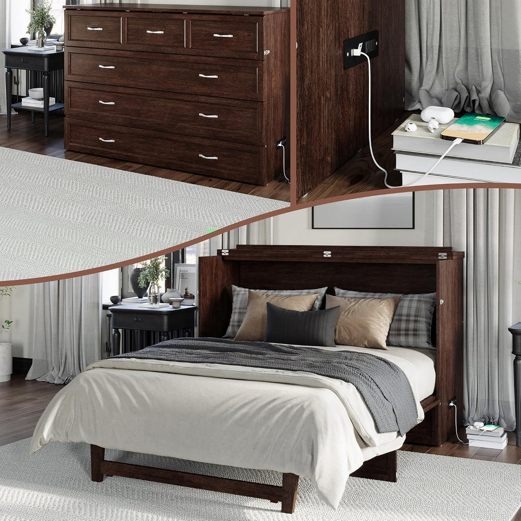 AFI, Northfield Murphy Bed Chest Queen with 6' Mattress, Storage Drawer & Built-in USB Charger, Burnt Amber