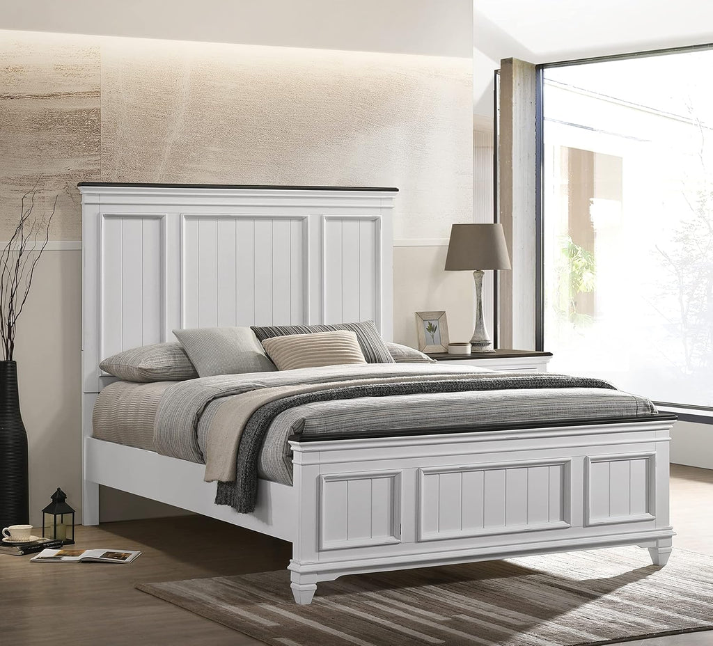 Clelane Wood Bedroom Set with Shiplap Panel Queen Bed, Dresser, Mirror, and Two Nightstands in Weathered White and Dark Gray