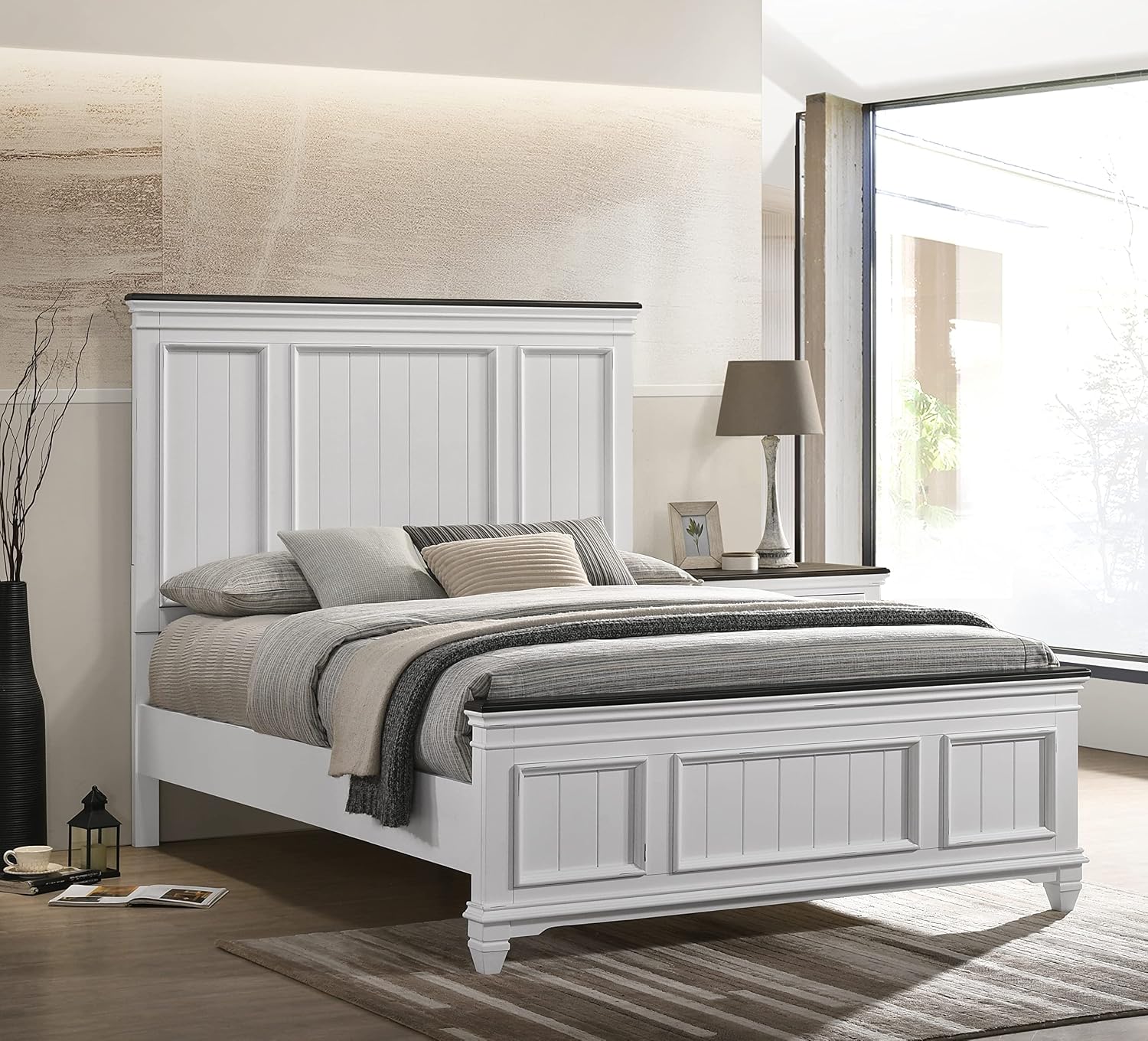Clelane Wood Bedroom Set with Shiplap Panel Queen Bed, Dresser, Mirror, and Two Nightstands in Weathered White and Dark Gray