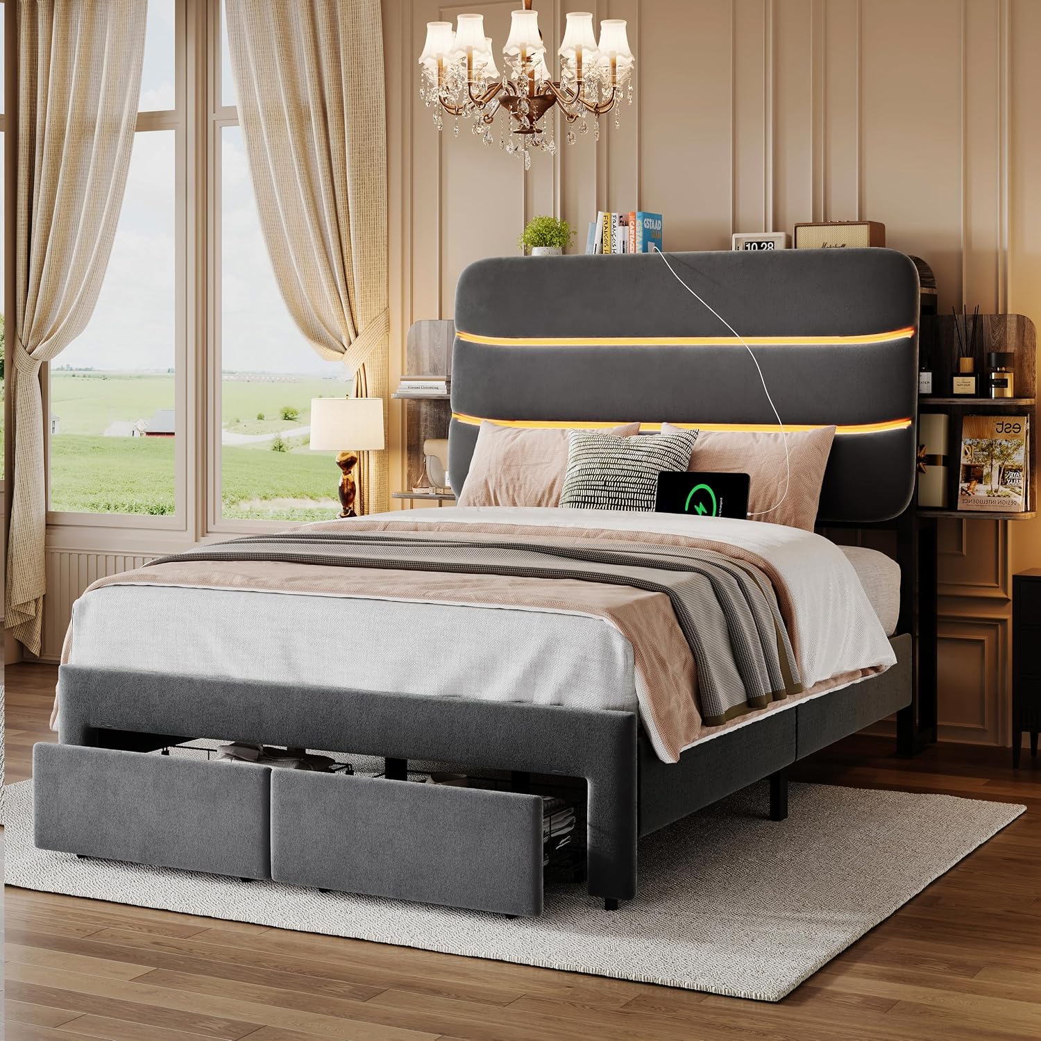 Ailisite Twin Size Bed Frame with Drawer and Ergonomic Storage Headboard,Slide Out Headboard Storage,Twin Bed with Charging Station & LED Lights,Wood Slats Support, No Box Spring Needed,Grey