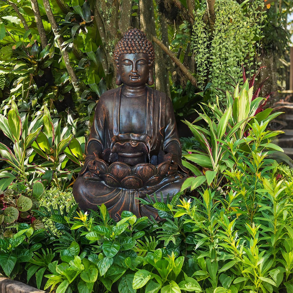 Glitzhome Outdoor Fountain 23.25' H, Zen Style Buddha Fountains Indoor Water Fountain with Pump & LED Lights, Freestanding Water Feature Fountains Outside Garden Backyard Decor