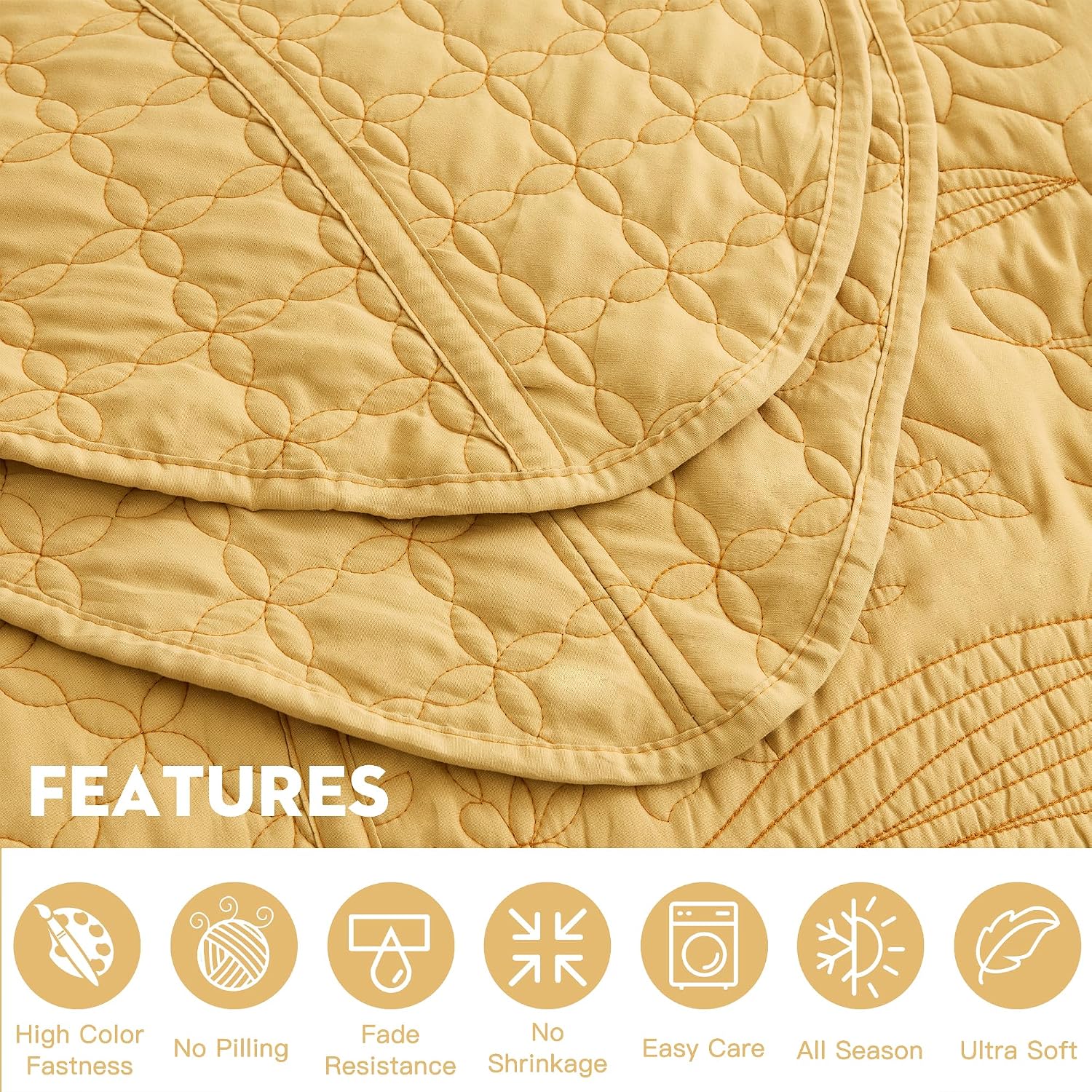CHIXIN Botanical Oversized Bedspread Queen Size - Leaves Pattern Stitching Quilt Set - Elegant & Fresh Style Bedding Coverlets, Reversible, Lightweight, 5 Piece, Honey Gold