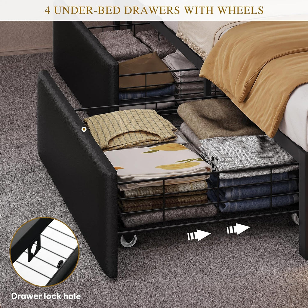 DWVO Queen Size Bed Frame with RGB LED Lights & Storage Bookcase Headboard, Upholstered Bed with Charging Station and 4 Drawers, No Box Spring Needed, Easy Assembly, Noise-Free, PU Leather Black