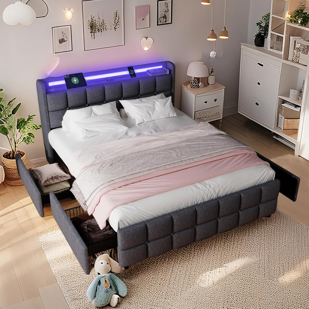 Modern LED Storage Bed with Charging Station All-Metal Platform Bed Frame Featuring 2-Tier Headboard, 4 Storage Drawers, and Easy Assembly(201-Gray, Full)