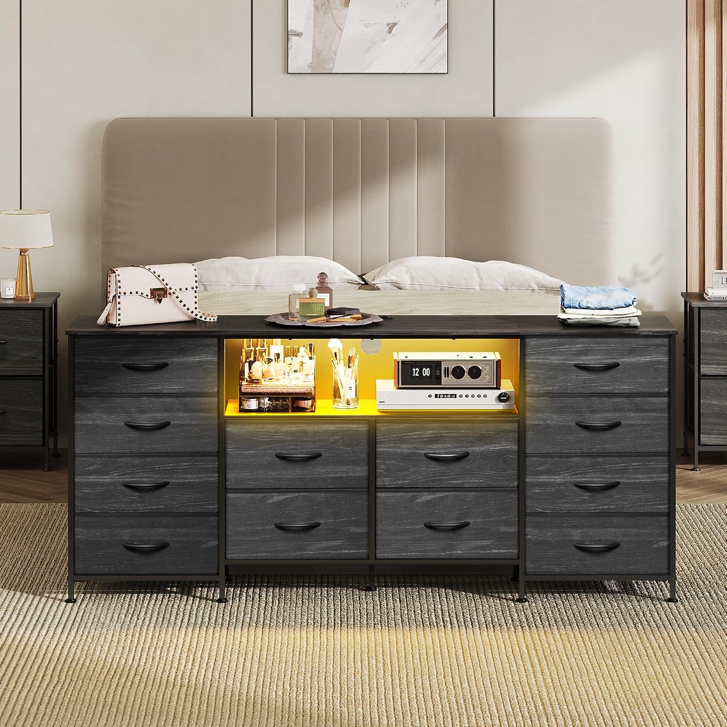 WLIVE 12 Drawer Dresser for Bedroom, Black Dresser TV Stand for 65, 70, 75 inch TV with Led Light & Charging Station, Wide Chest of Drawers with Open Shelves, Fabric Dressers for Closet, Living Room
