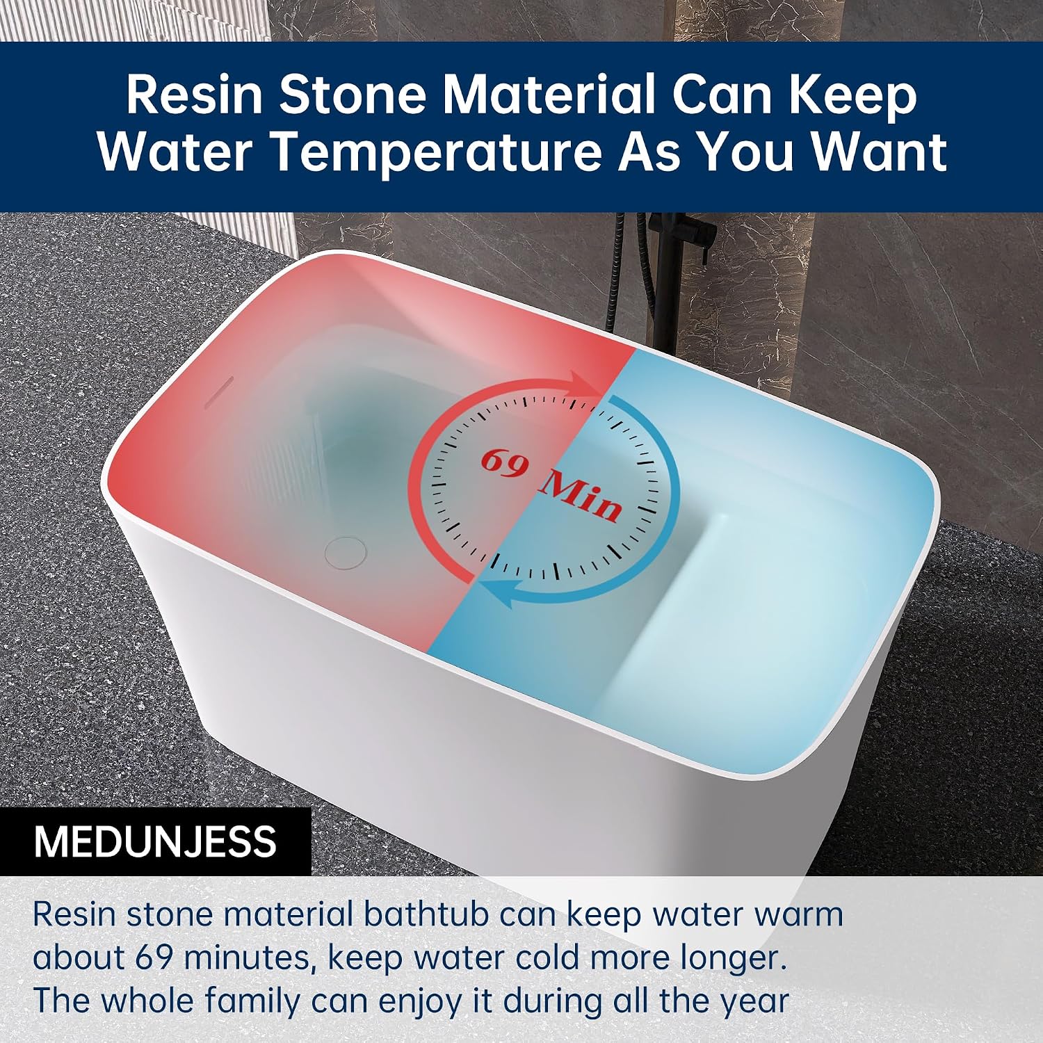 47' Stone Resin Freestanding Bathtub, Freestanding Bathtub with seat,Oval Solid Surface Japanese Soaking Bathtubs with Drain & Integrated Slotted Overflow Matte White MG003-1200