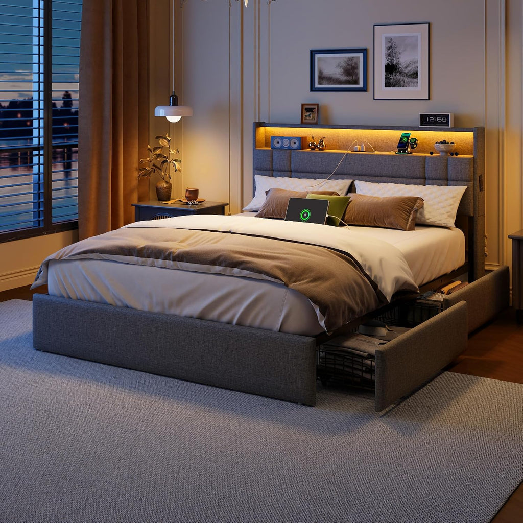 Forestell Full Size Bed Frame with 4 Drawers and Storage Headboard, Grey Upholstered Platform Bed Frame Full Size with Charging Station and LED Lights, Metal Slats Support, No Box Spring Needed