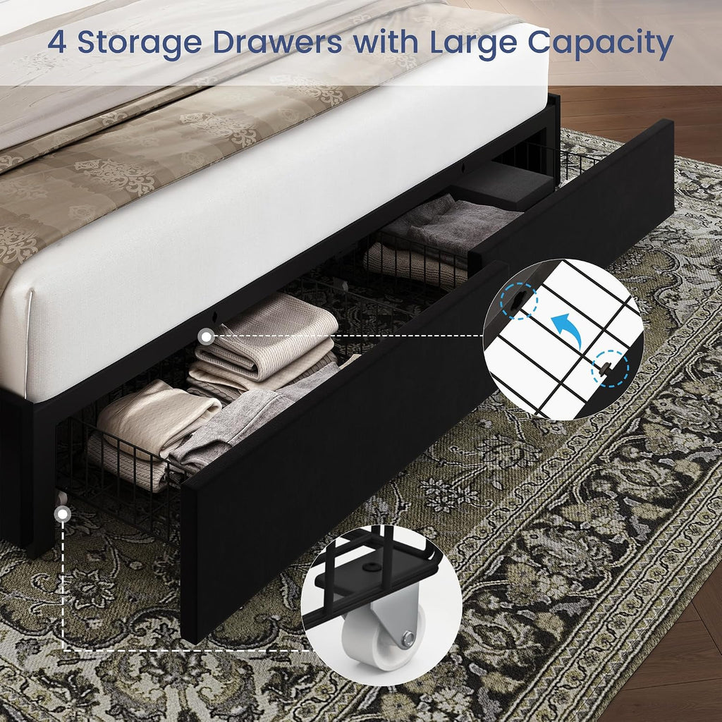 BRELTAM Queen Size Bed Frame with 4 Storage Drawers Velvet Upholstered Platform Bed with Wingback Headboard, No Box Spring Needed, Easy Assembly, Black