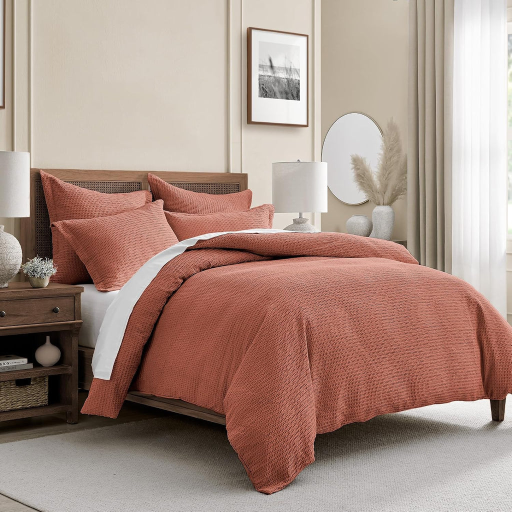 Levtex Home Cloud Waffle Full/Queen Comforter Set (90x94in) with 2 Pillow Shams (26x20in) - Solid Waffle Cotton Texture - Adobe - 100% Cotton Full/Queen Size Comforter Set - Soft, Pre-Washed