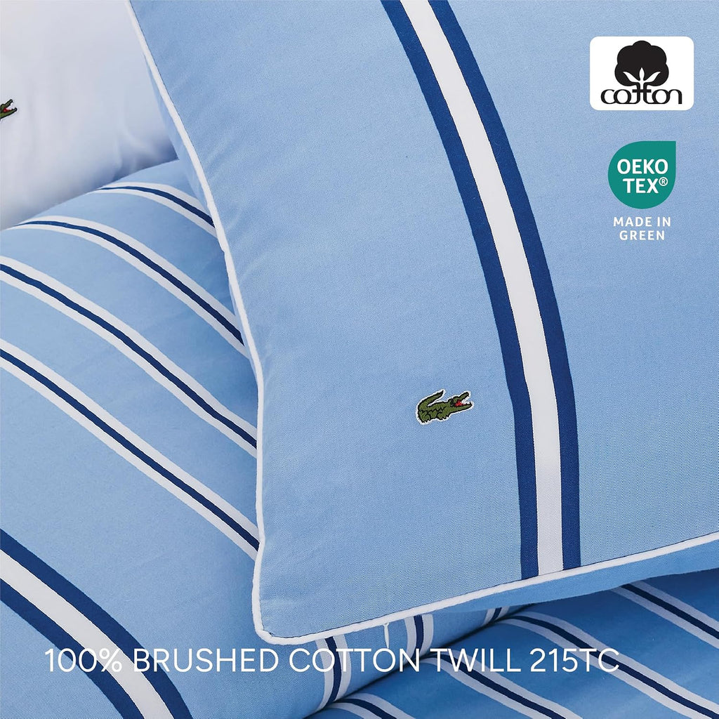 Lacoste Hollis Stripe Comforter Set, 100% Cotton Brushed Twill, Reversible Duvet with Pillow Shams, Soft & Fluffy Hotel-Style Bedding, Blue, Full/Queen