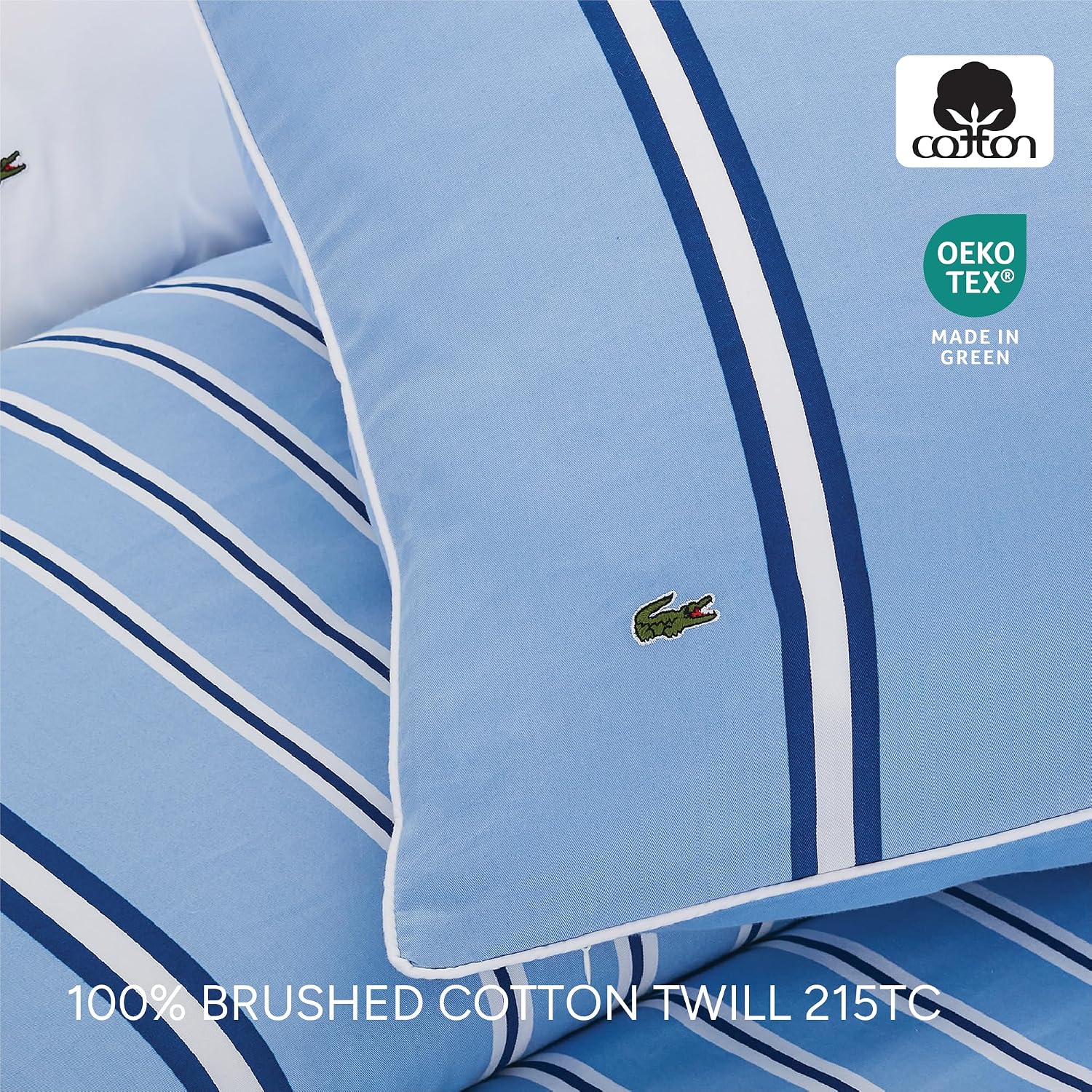 Lacoste Hollis Stripe Comforter Set, 100% Cotton Brushed Twill, Reversible Duvet with Pillow Shams, Soft & Fluffy Hotel-Style Bedding, Blue, Full/Queen