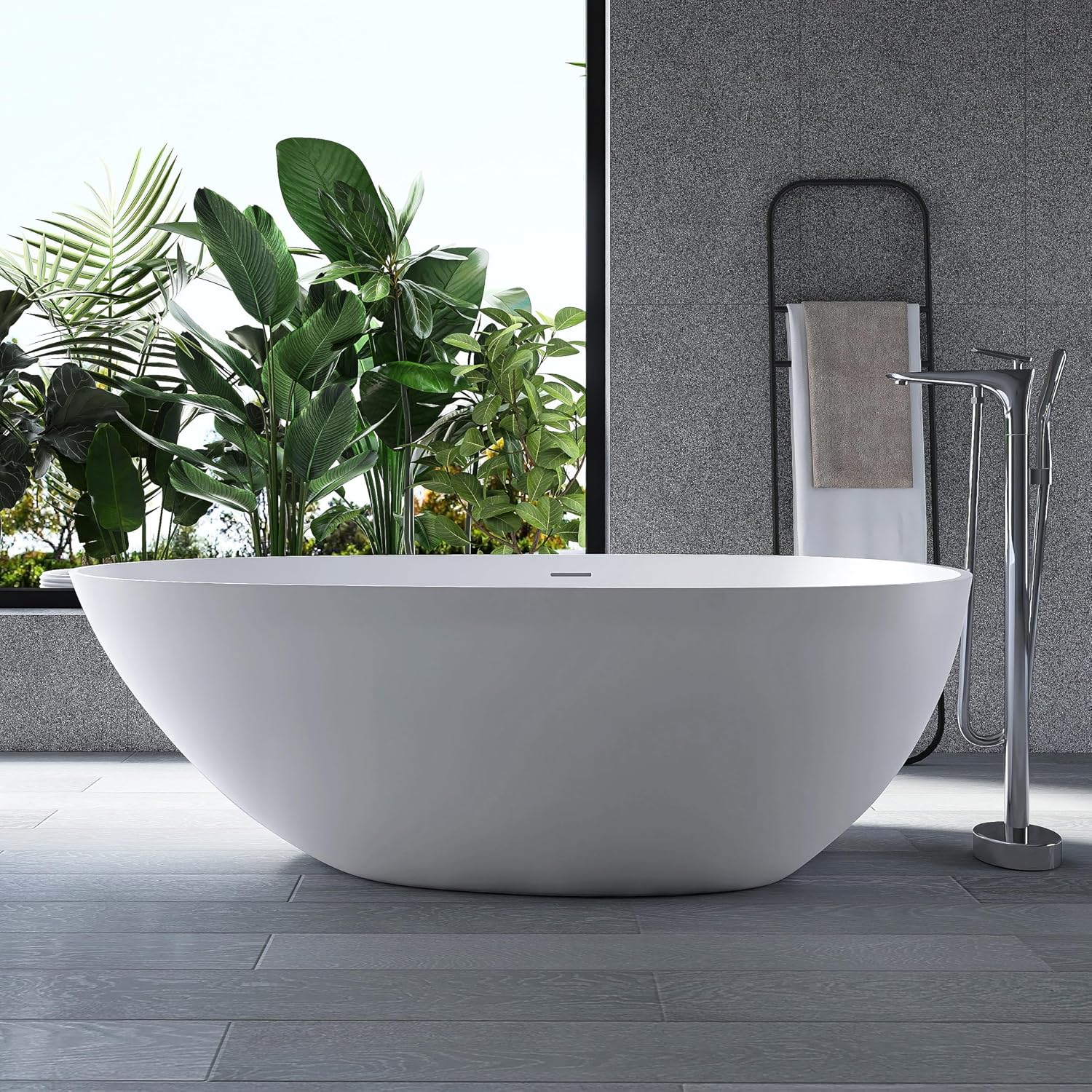 67' Stone Resin Freestanding Bathtub, Oval Solid Surface Bathroom Freestanding Tub, Thin Edge Stand Alone Tub with Integrated Slotted Overflow and Pop-up Drain, Matte White 302-170