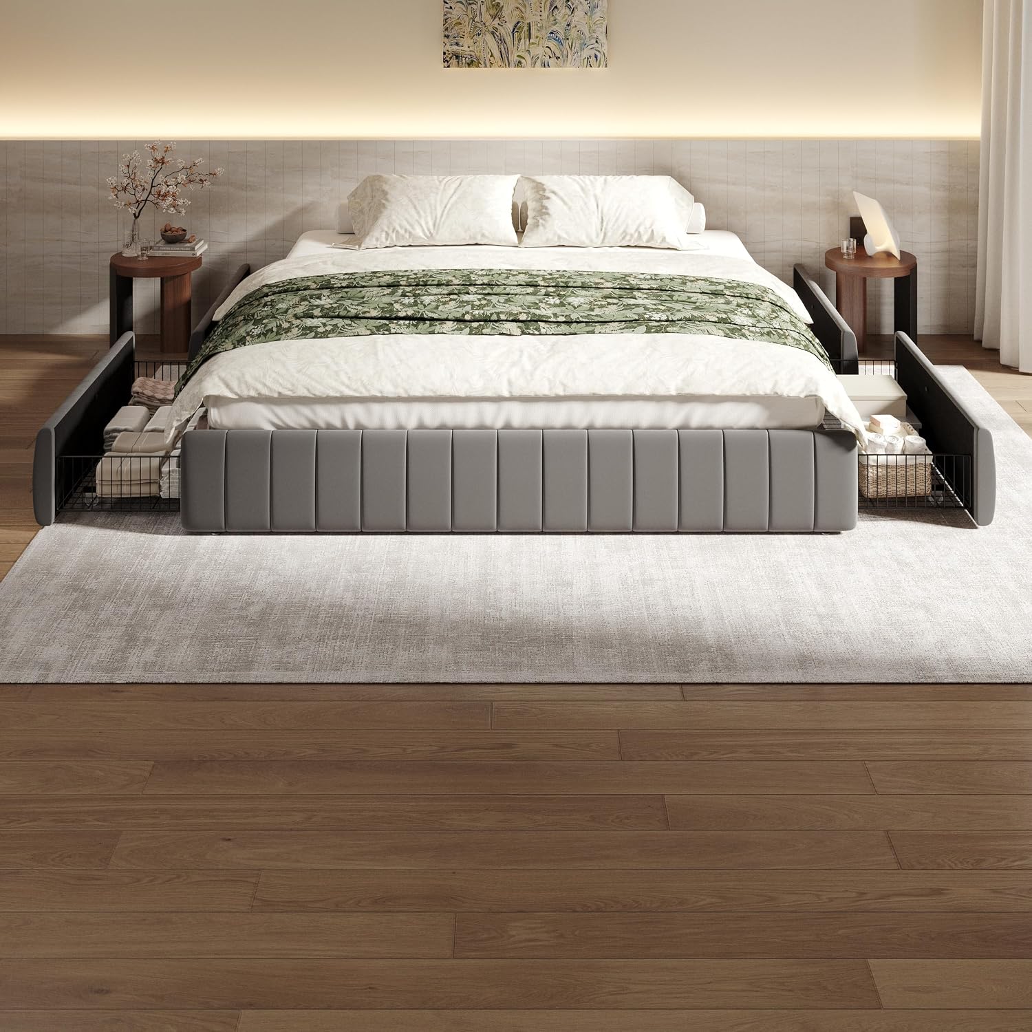 SHA CERLIN King Size Velvet Upholstered Platform Bed Frame with 4 Storage Drawers, Vertical Channel Tufted, Low Profile, Fits Standard Headboards, Wooden Slats Support, Easy Assembly, Grey