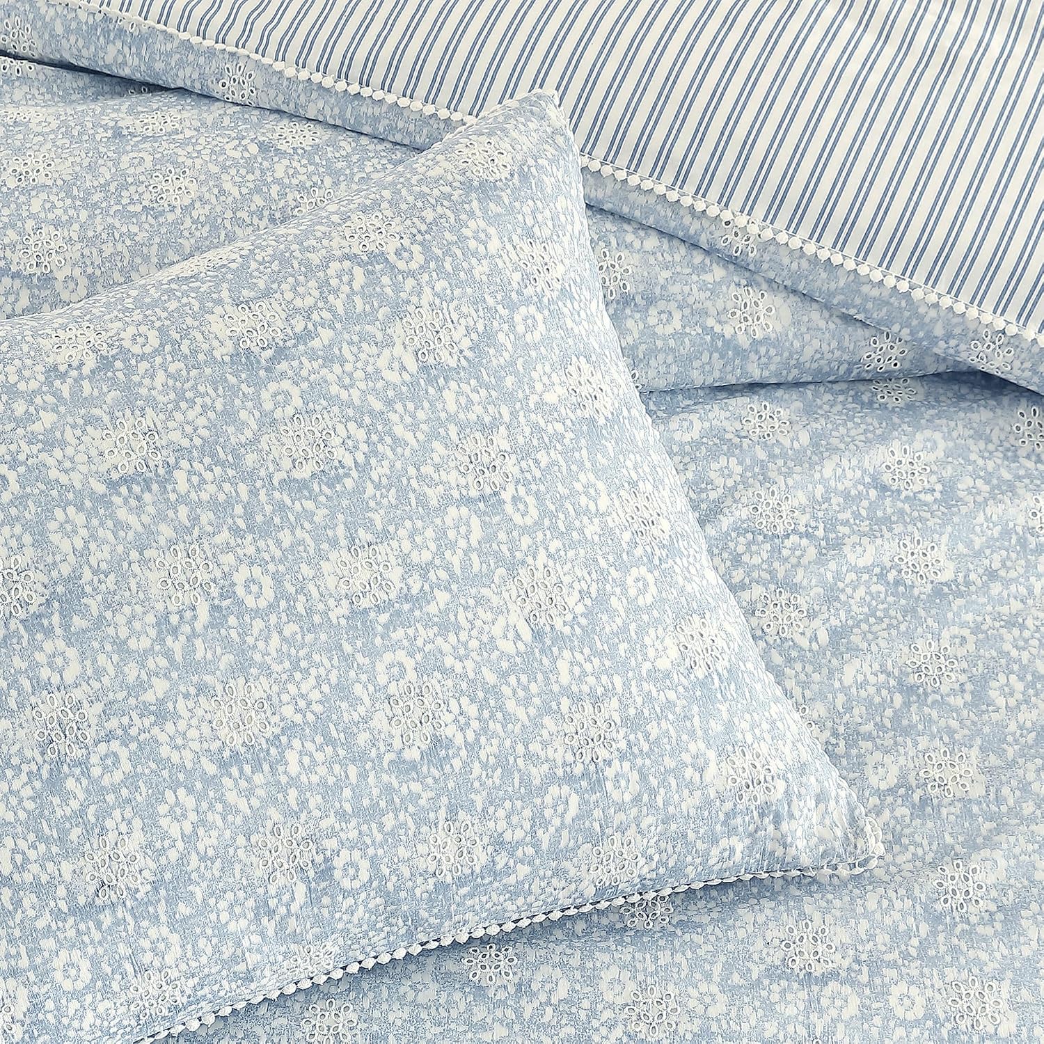 Peri Home 100% Cotton 3-Piece Comforter and Sham Set, Full/Queen, Blue Ikat Eyelet