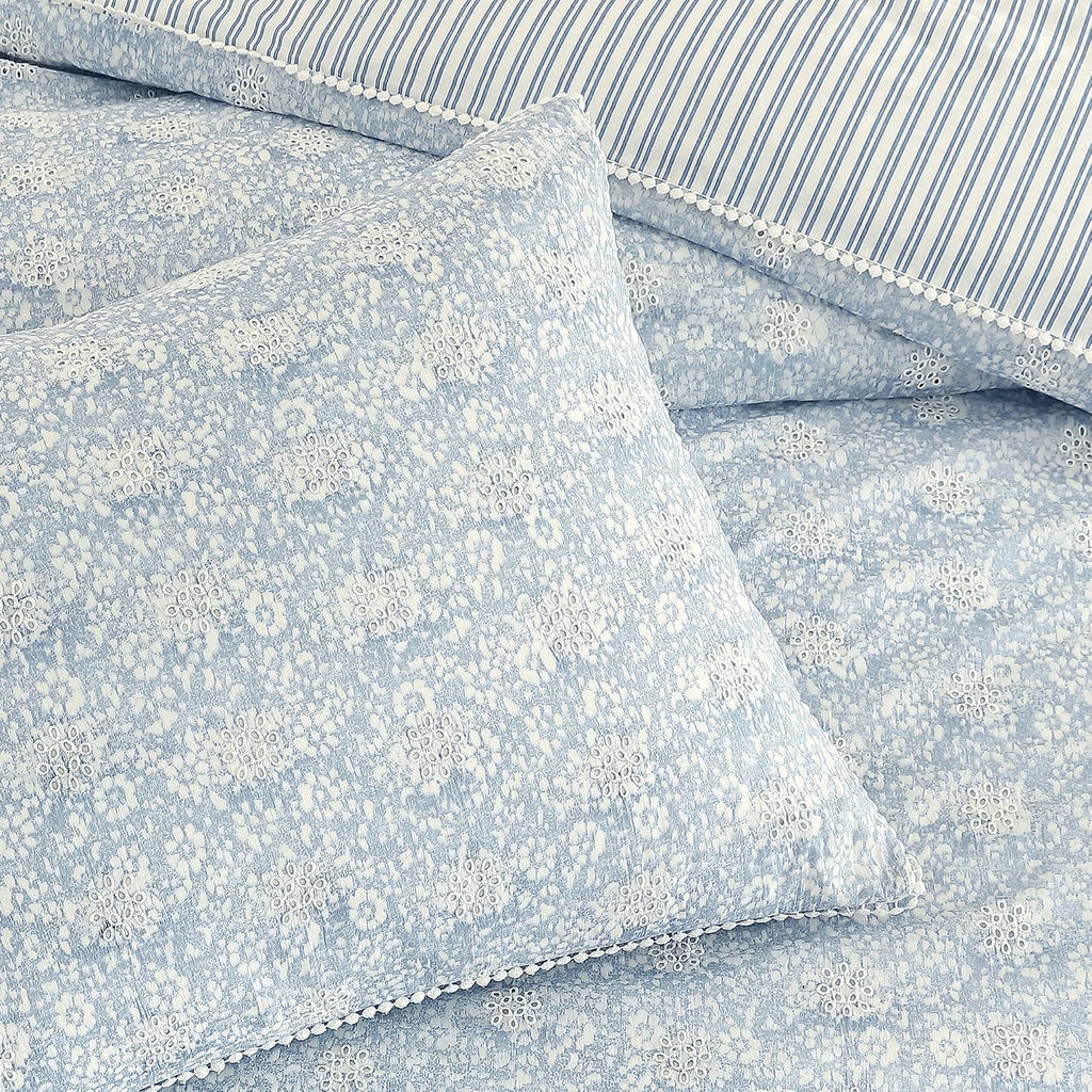 Peri Home 100% Cotton 3-Piece Comforter and Sham Set, King, Blue Ikat Eyelet