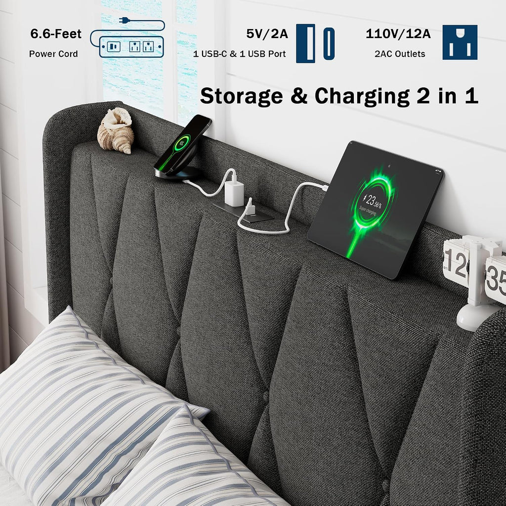 GalnFu Queen Bed Frame with 4 Storage Drawers, Upholstered Platform Bed with Charging Station, Modern Wingback Storage Headboard, Easy Assembly,Noise-Free, Dark Gray
