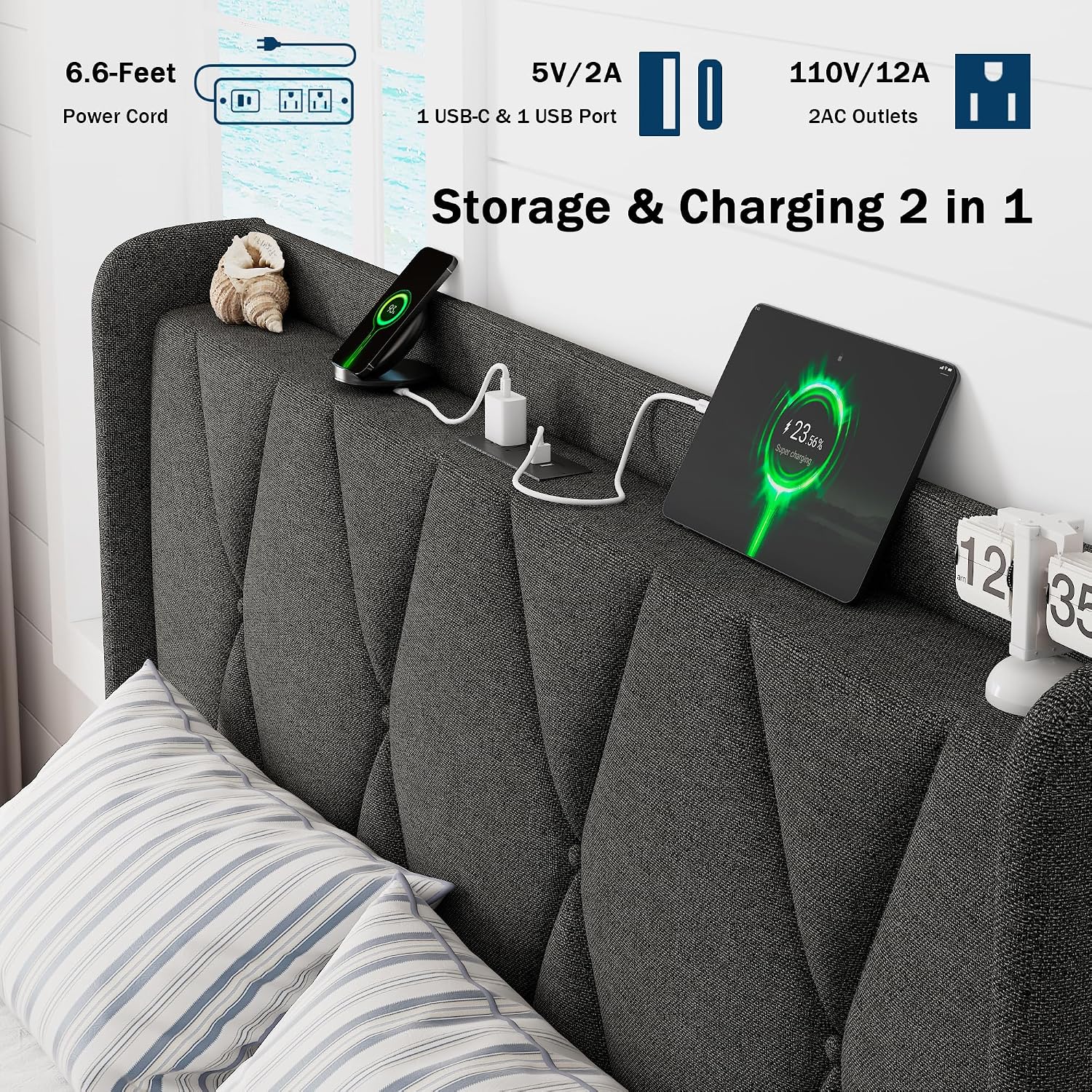 GalnFu Queen Bed Frame with 4 Storage Drawers, Upholstered Platform Bed with Charging Station, Modern Wingback Storage Headboard, Easy Assembly,Noise-Free, Dark Gray